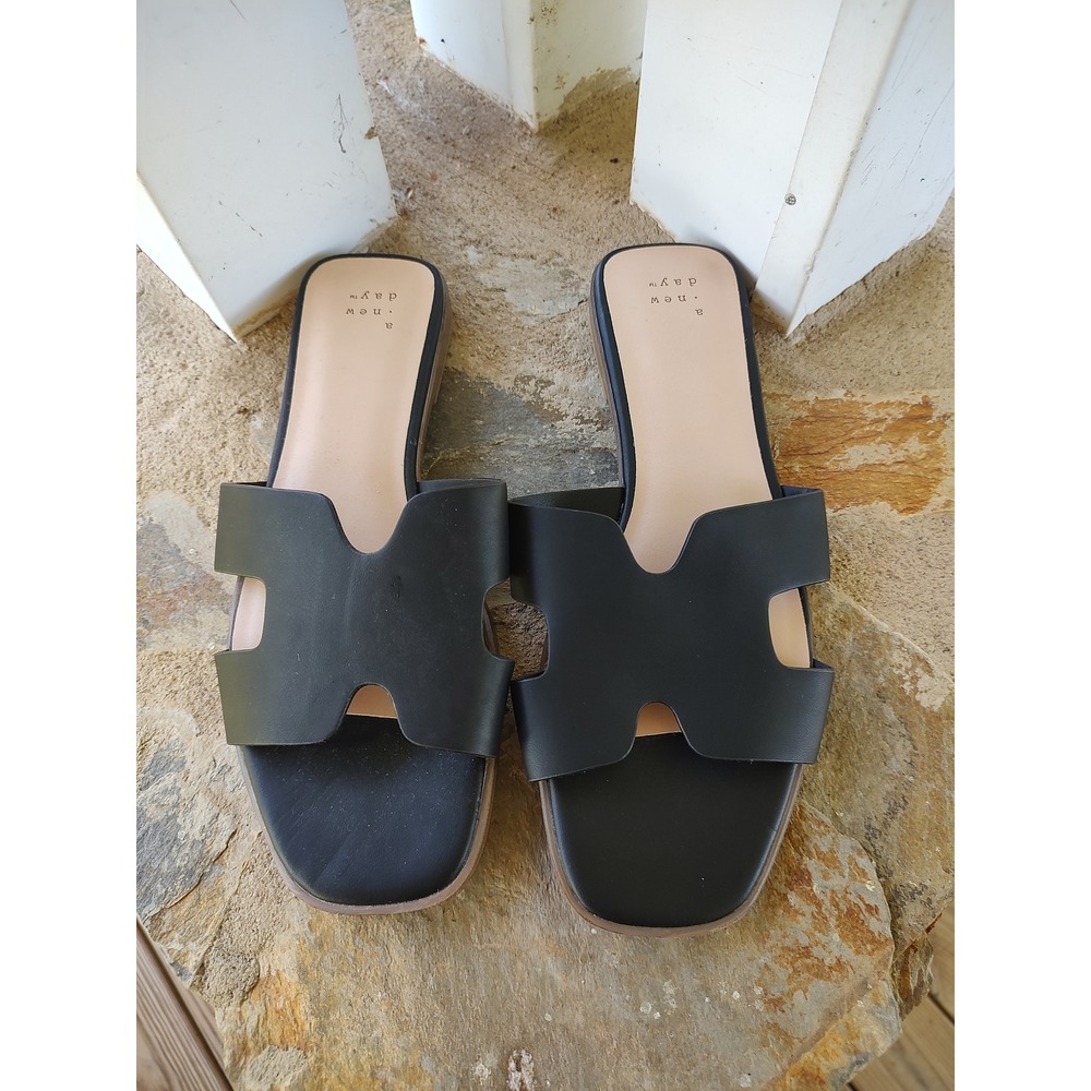 A New Day Womens Black H-Band Slide Sandals Square Toe Flat Slip On Shoes 8W